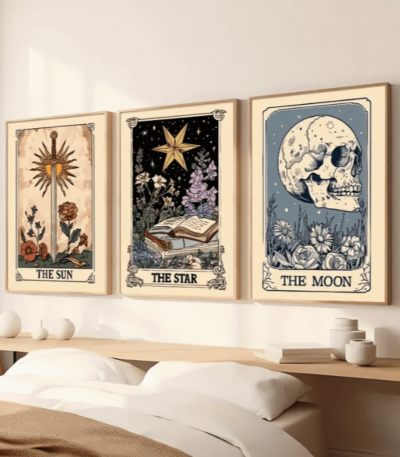 Set de 3 Lienzos de Arte de Cartas de Tarot - Sol, Luna y Estrella