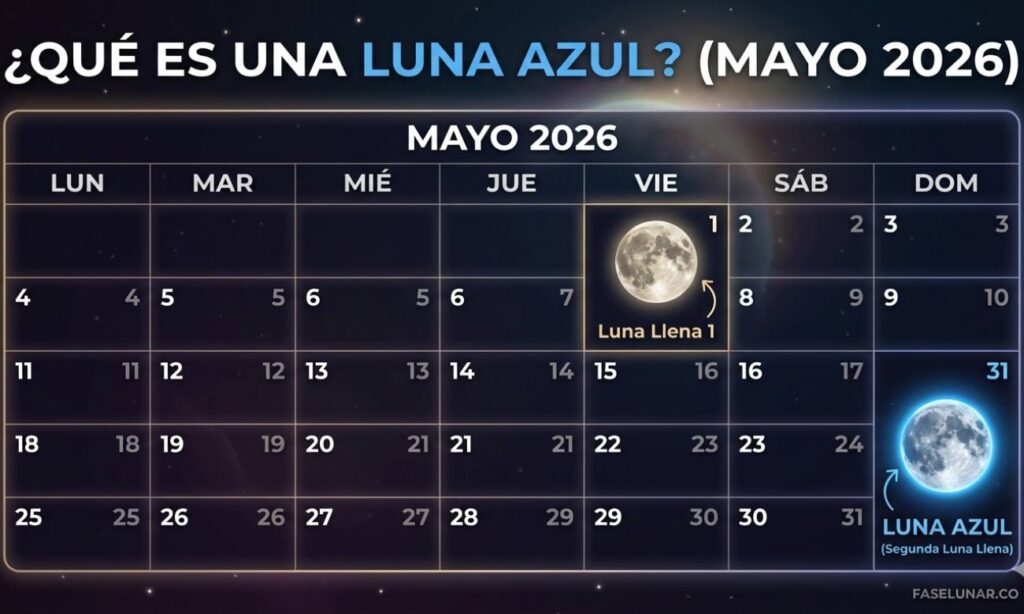 Infografía del calendario de mayo 2026 explicando qué es una Luna Azul como la segunda luna llena del mes. Fuente: Fase Lunar